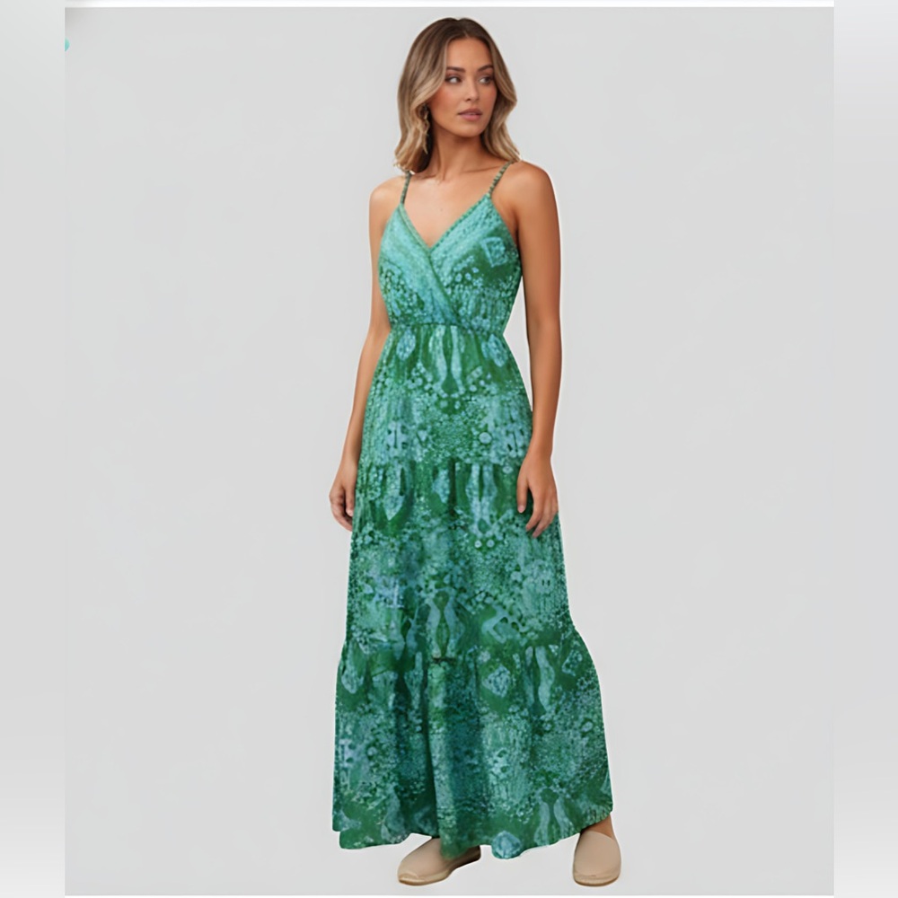 Boho A-Line V Neck Ruffle Hem Dress Green